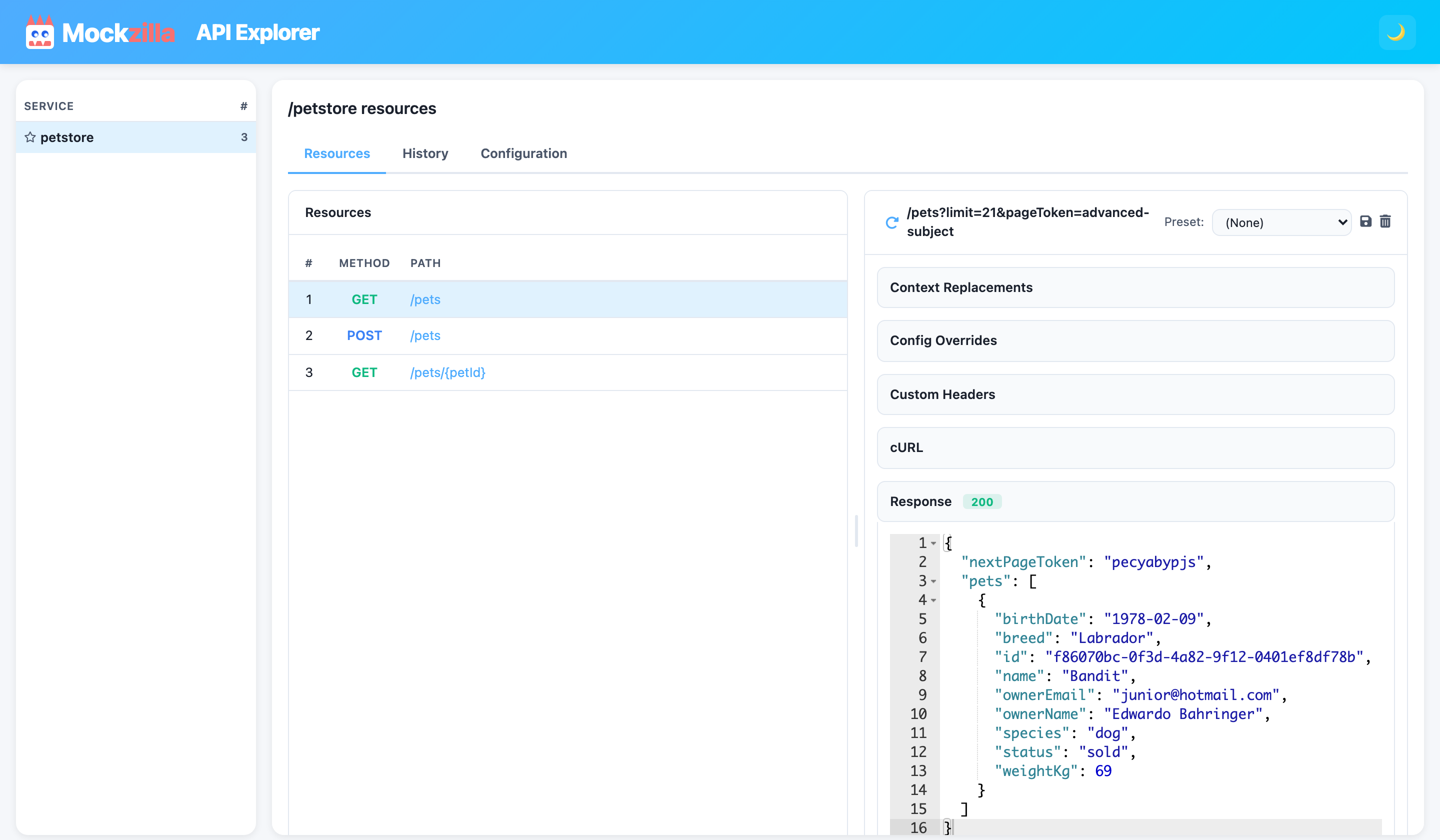 The API explorer with the petstore endpoints and a generated response for GET /pets