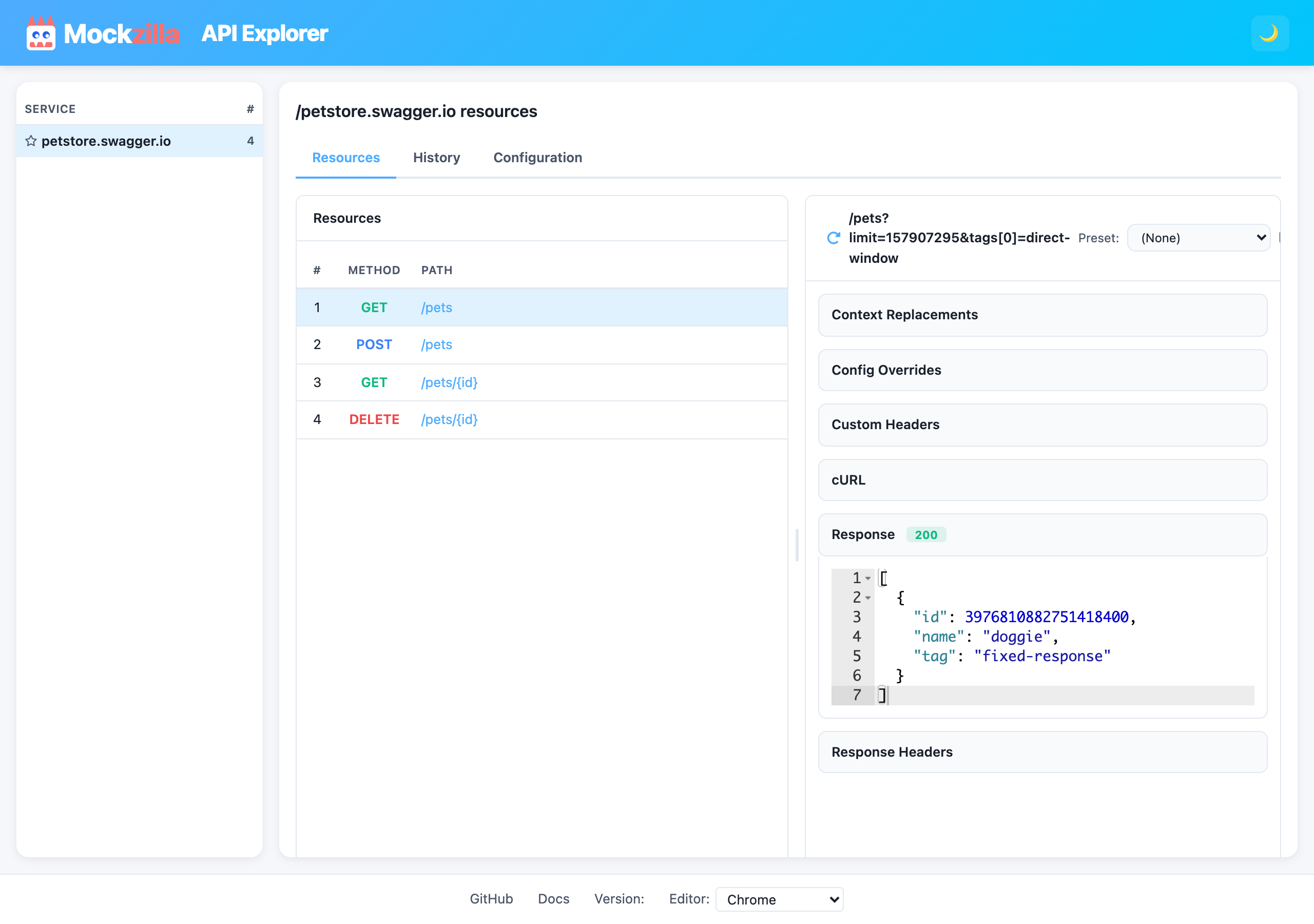 The API explorer with the petstore endpoints and a generated response for GET /pets
