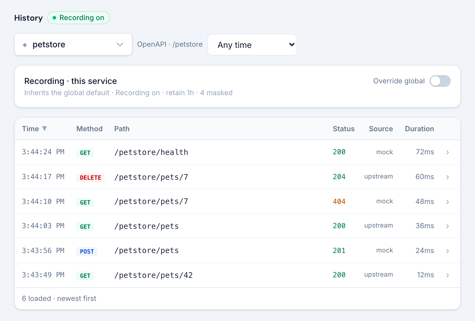 The History view with the petstore service selected, listing recorded requests