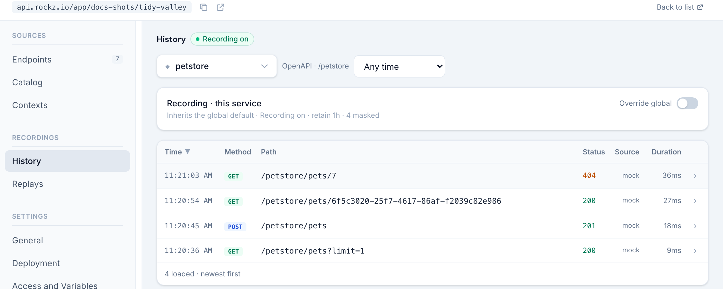 The History view with the petstore service selected, listing recorded requests