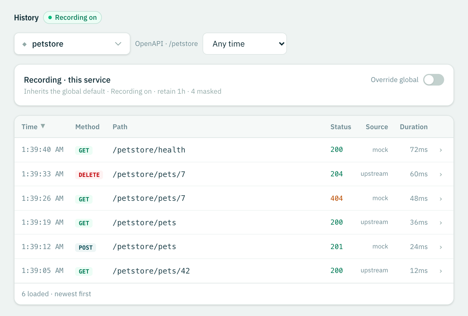 The History view with the petstore service selected, listing recorded requests