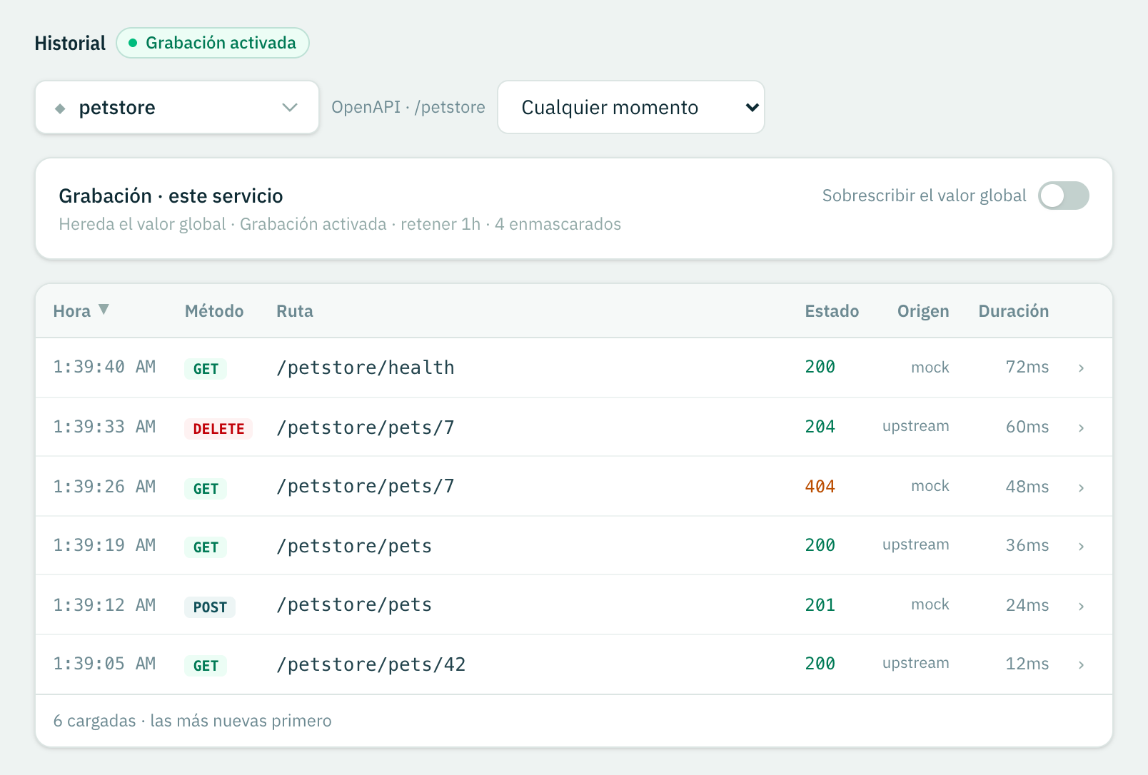 La vista Historial con el servicio petstore seleccionado, listando las solicitudes grabadas