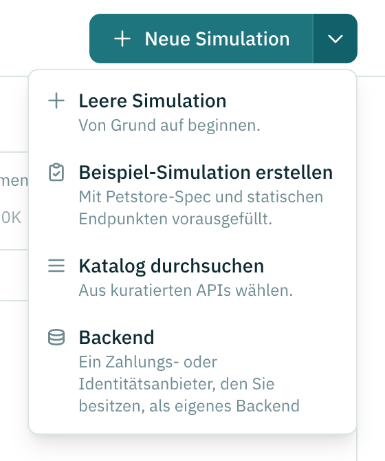 Das Menü Neue Simulation mit den Optionen Leere Simulation, Beispiel-Simulation, Katalog durchsuchen und Backend