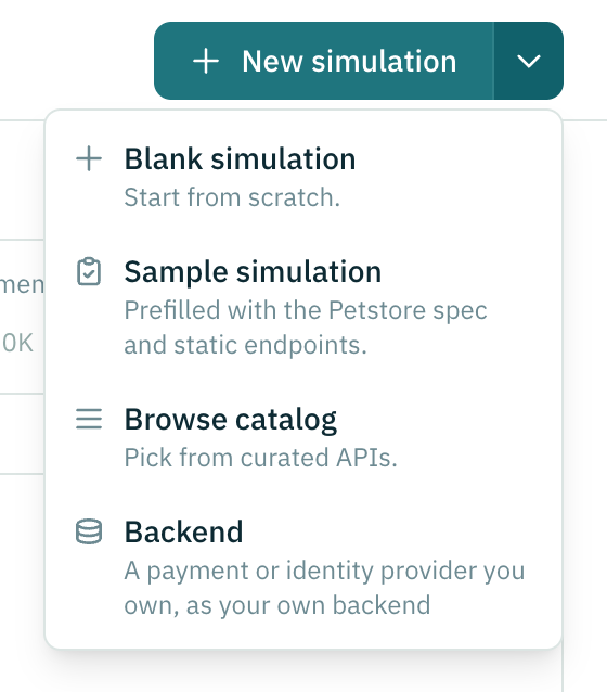The New simulation menu with Blank, Sample, Browse catalog and Backend options