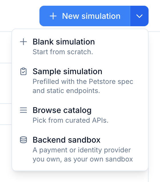 The New simulation menu with Blank, Sample, Browse catalog and Backend sandbox options