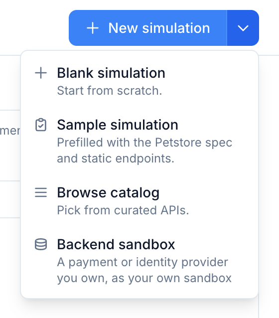 The New simulation menu with Blank, Sample, Browse catalog and Backend sandbox options