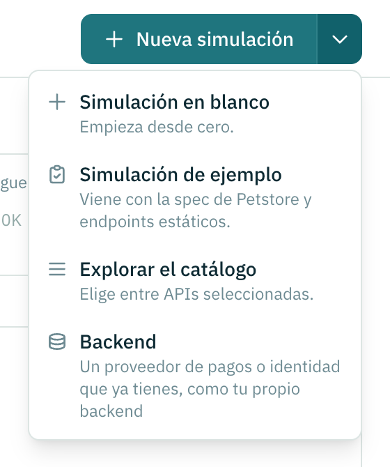El menú Nueva simulación con las opciones Simulación en blanco, Simulación de ejemplo, Explorar el catálogo y Backend