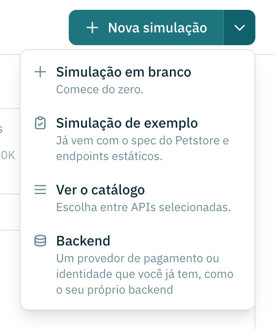 O menu Nova simulação com as opções Simulação em branco, Simulação de exemplo, Ver o catálogo e Backend