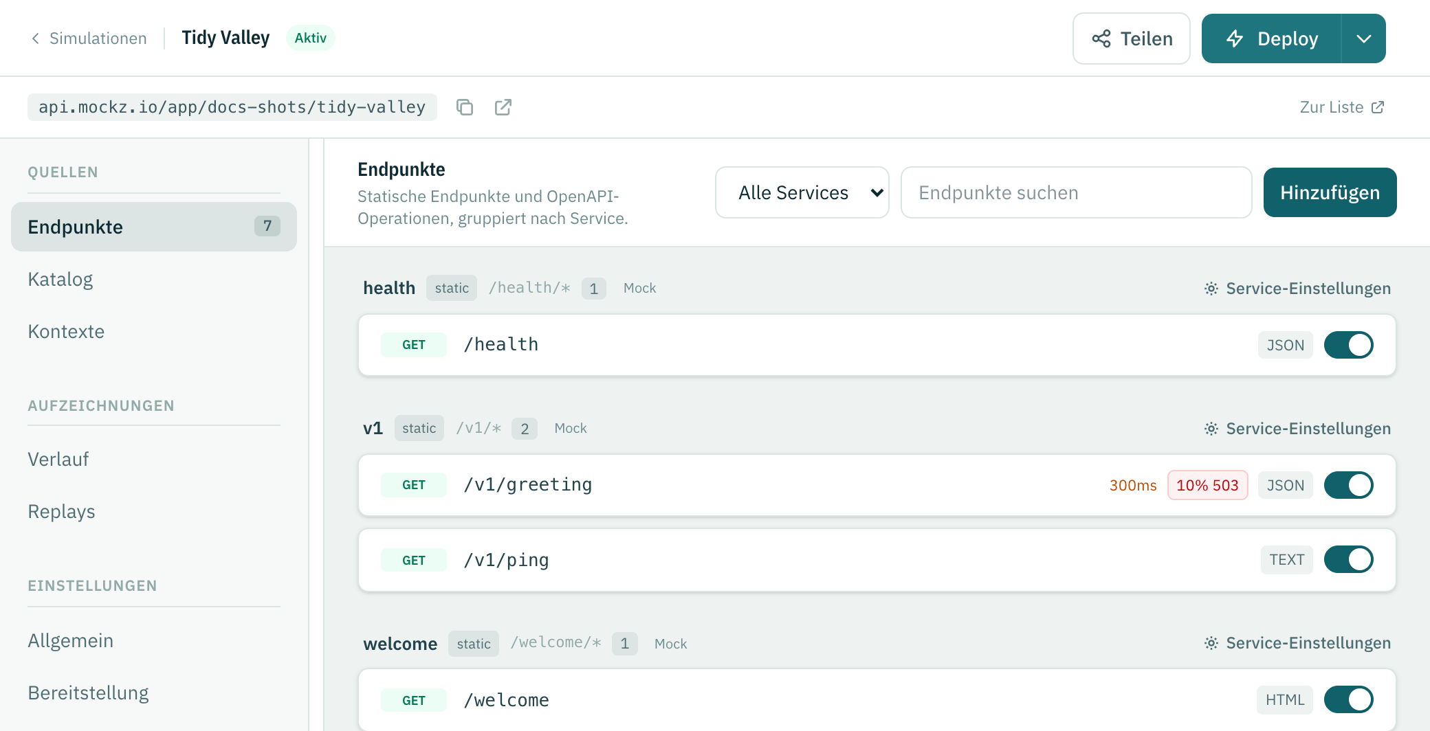 Eine bereitgestellte Simulation mit dem Status Aktiv, ihrer URL und der Endpunktliste