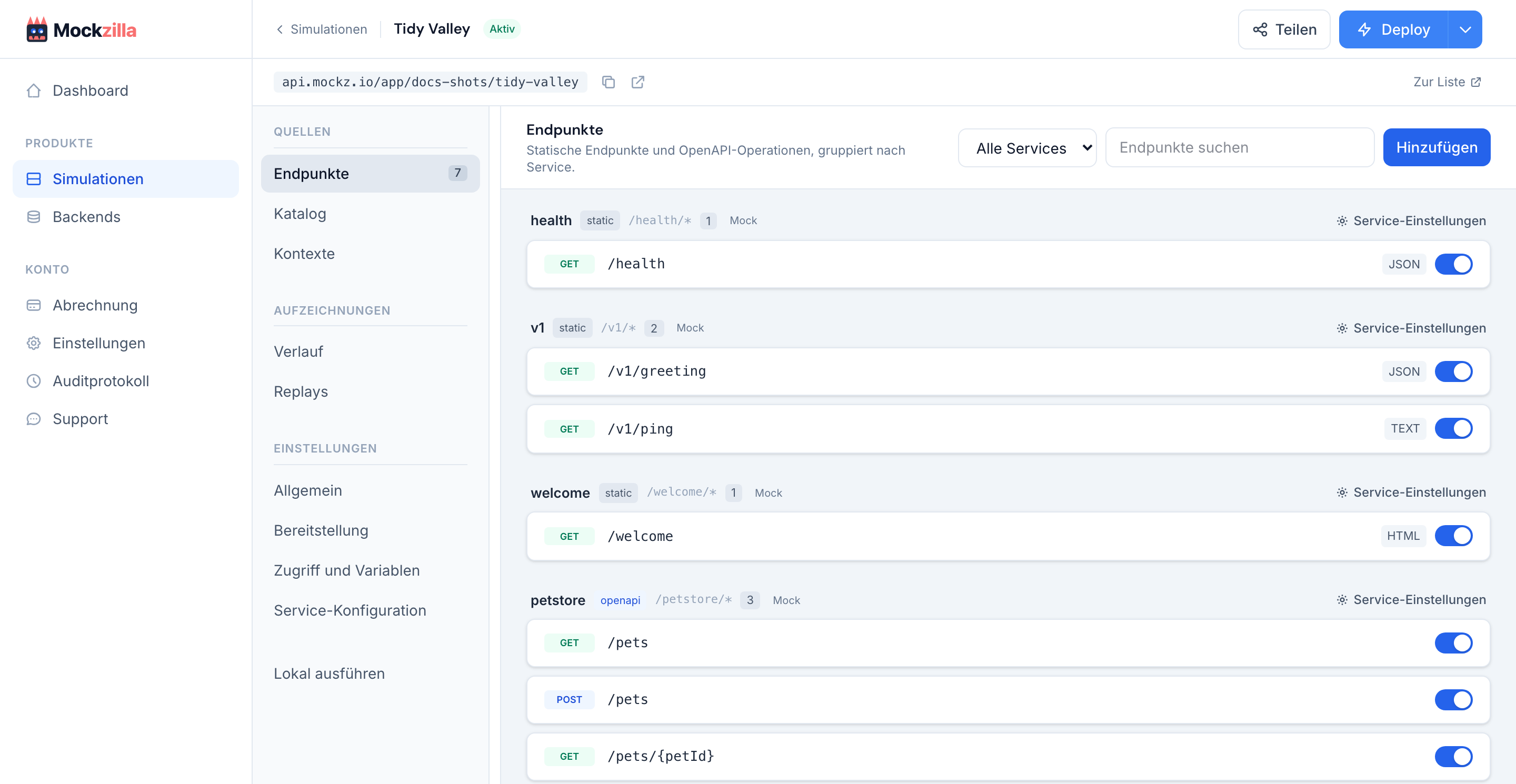 Eine deployte Simulation mit Status Aktiv, ihrer URL und der Endpunktliste