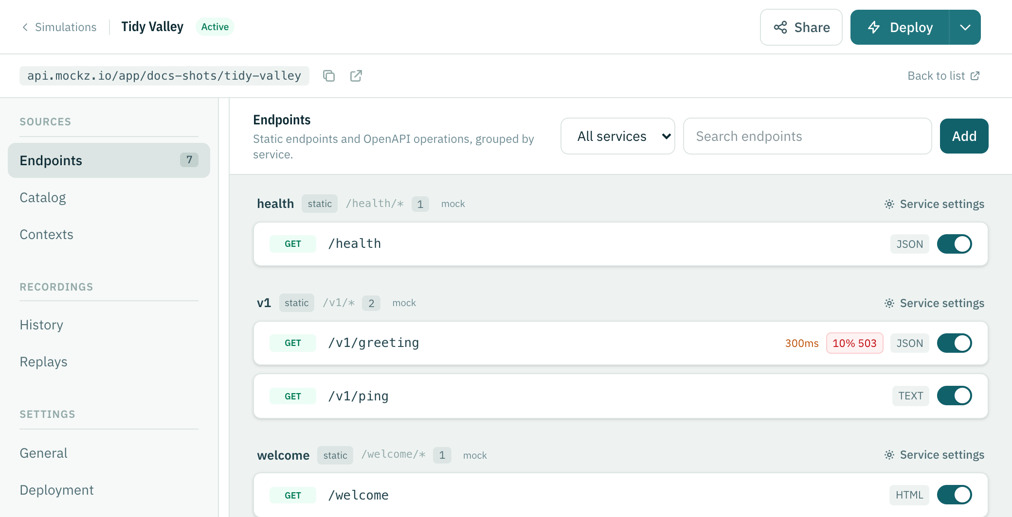 A deployed simulation with the Active status, its URL and the endpoint list