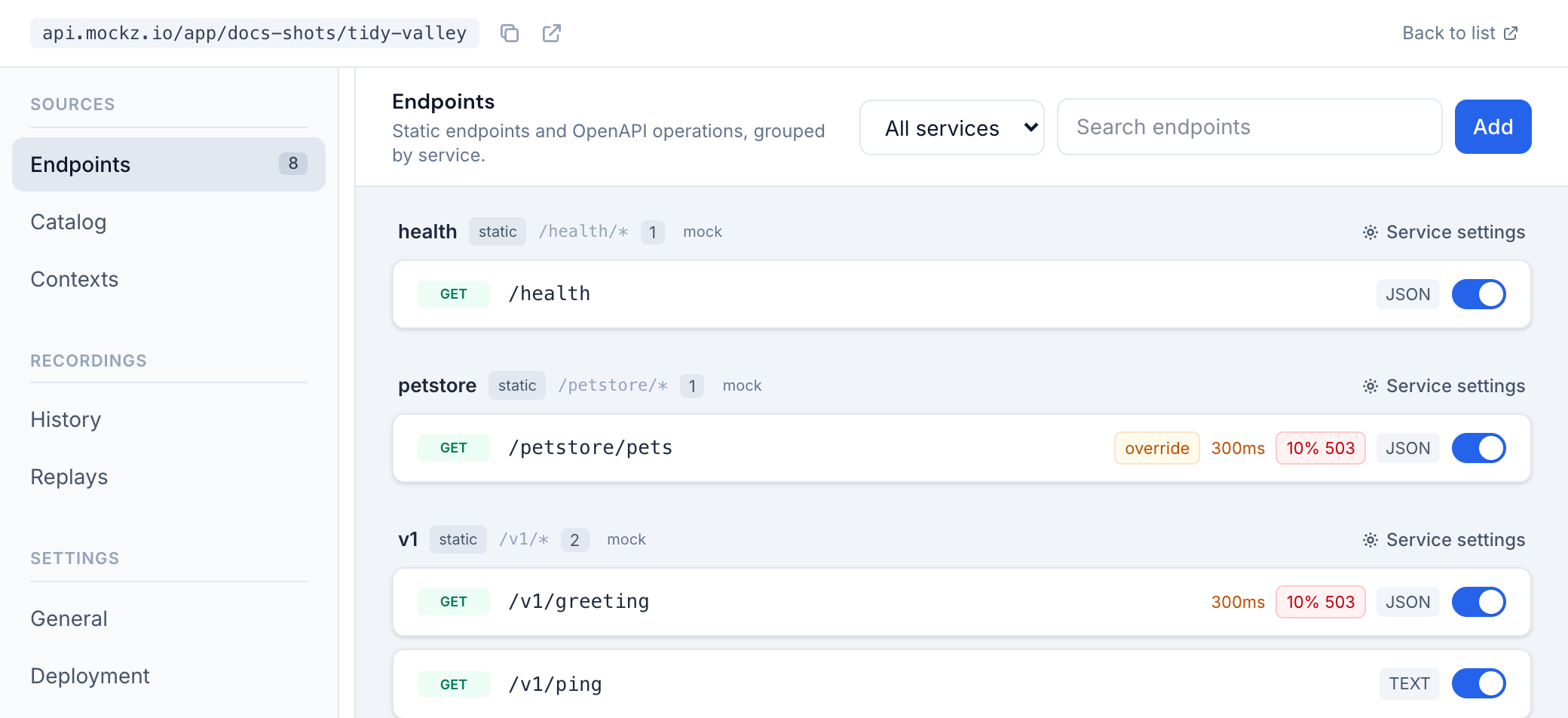 A deployed simulation with the Active status, its URL and the endpoint list