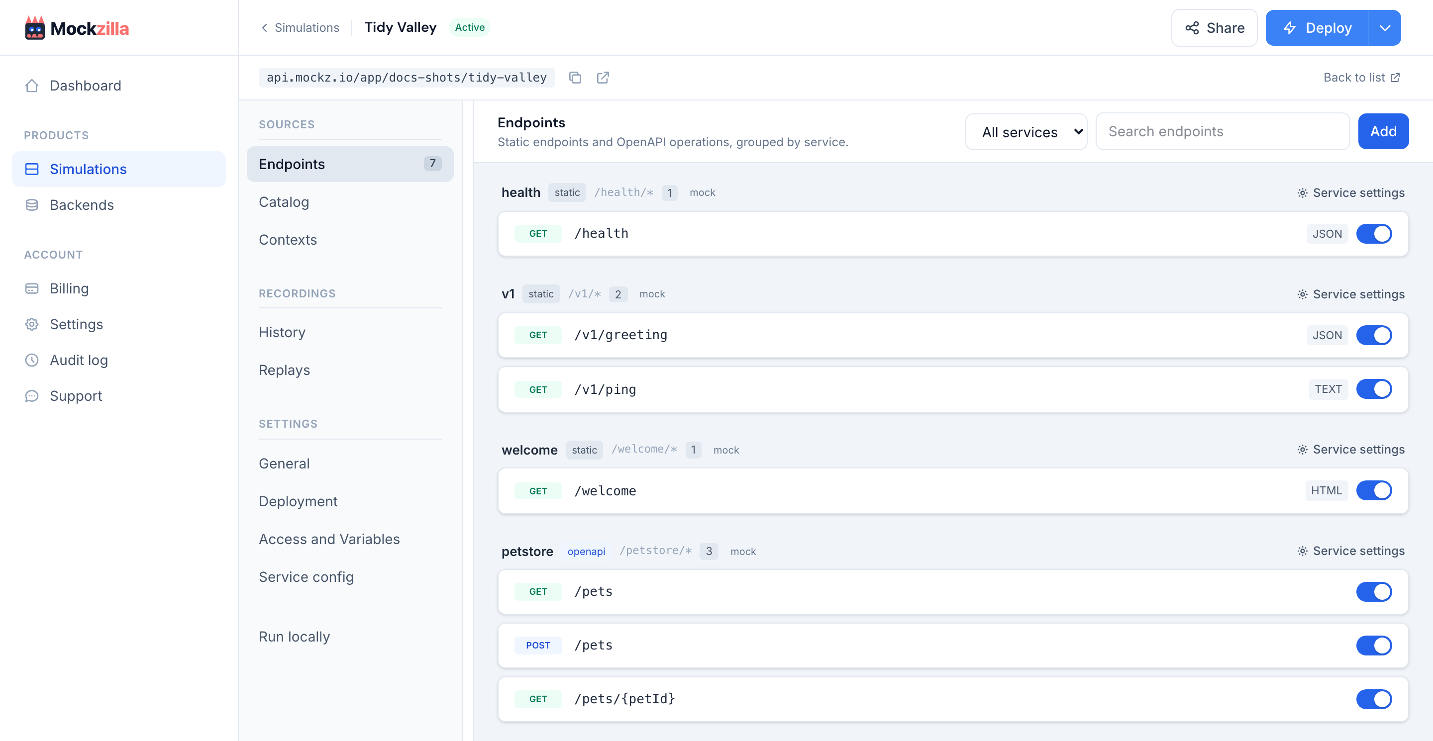 A deployed simulation with the Active status, its URL and the endpoint list