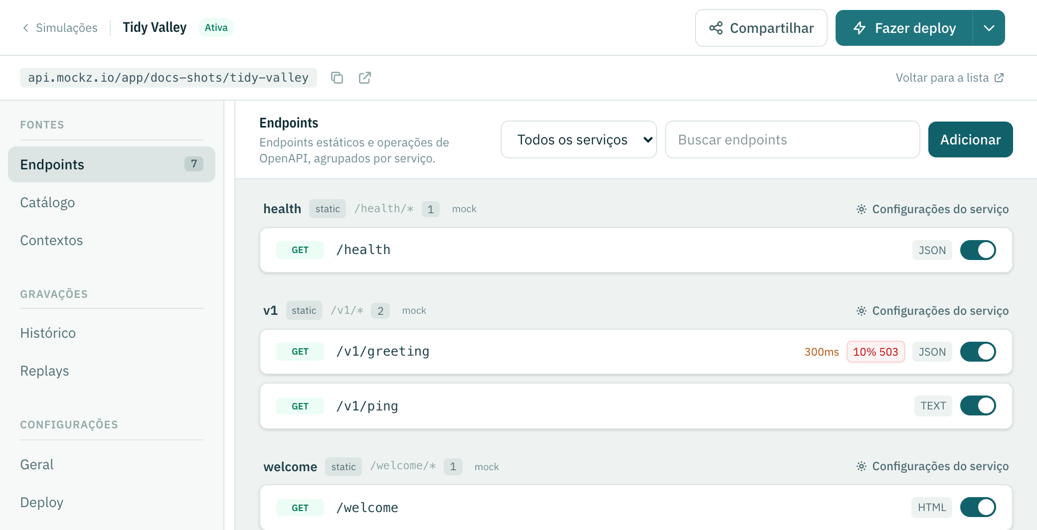 Uma simulação publicada com o status Ativa, a URL dela e a lista de endpoints