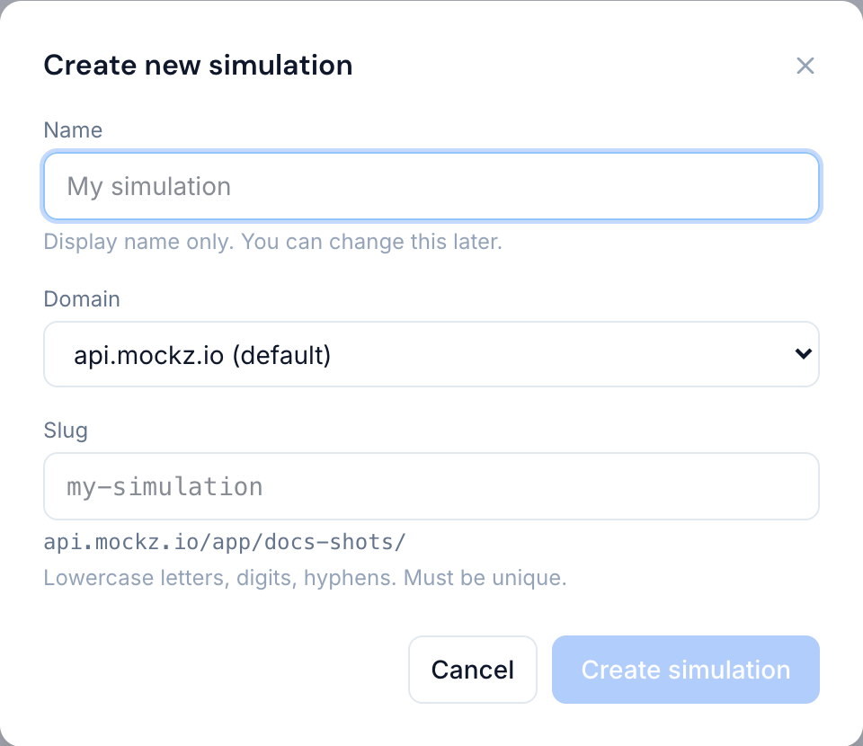 The Create new simulation dialog with name, domain and slug fields
