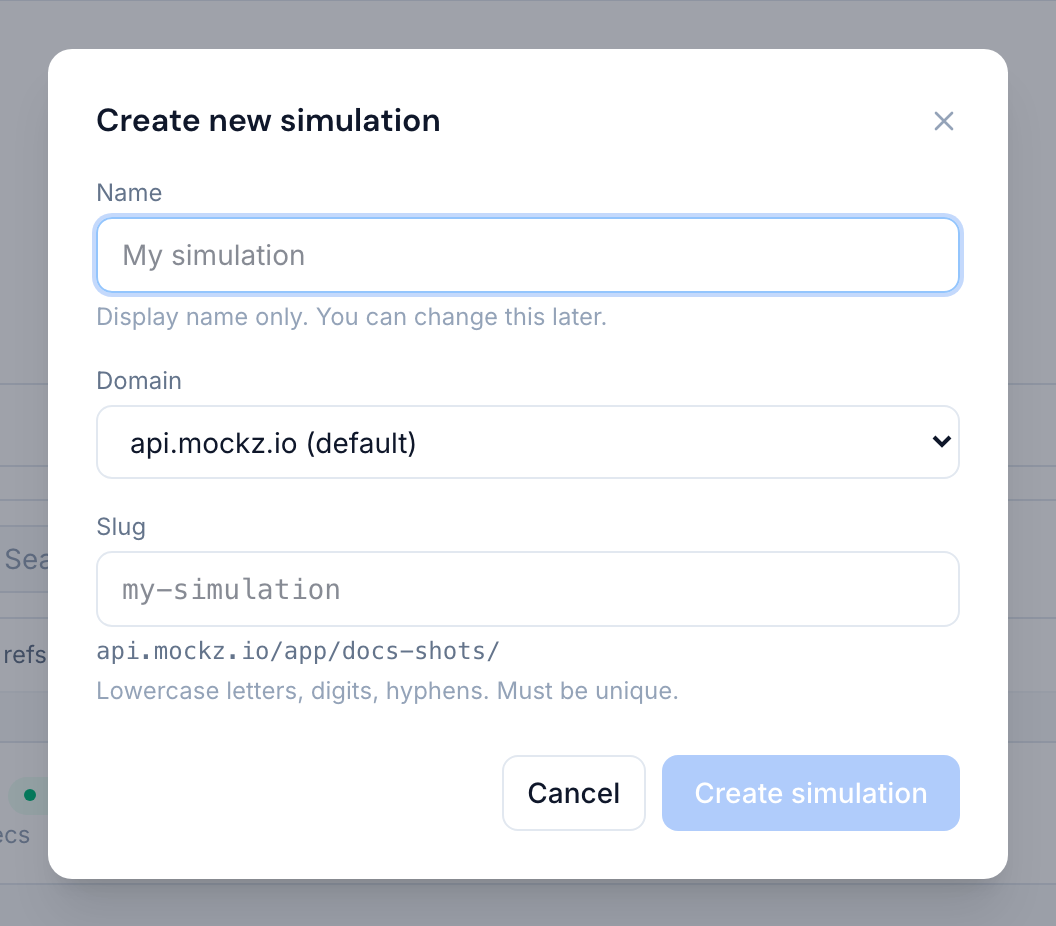 The Create new simulation dialog with name, domain and slug fields