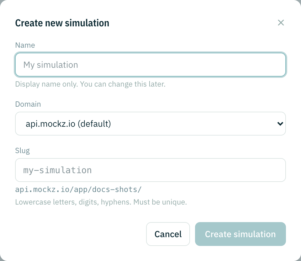 The Create new simulation dialog with name, domain and slug fields