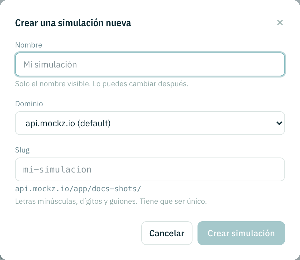 El diálogo Crear una simulación nueva con los campos de nombre, dominio y slug