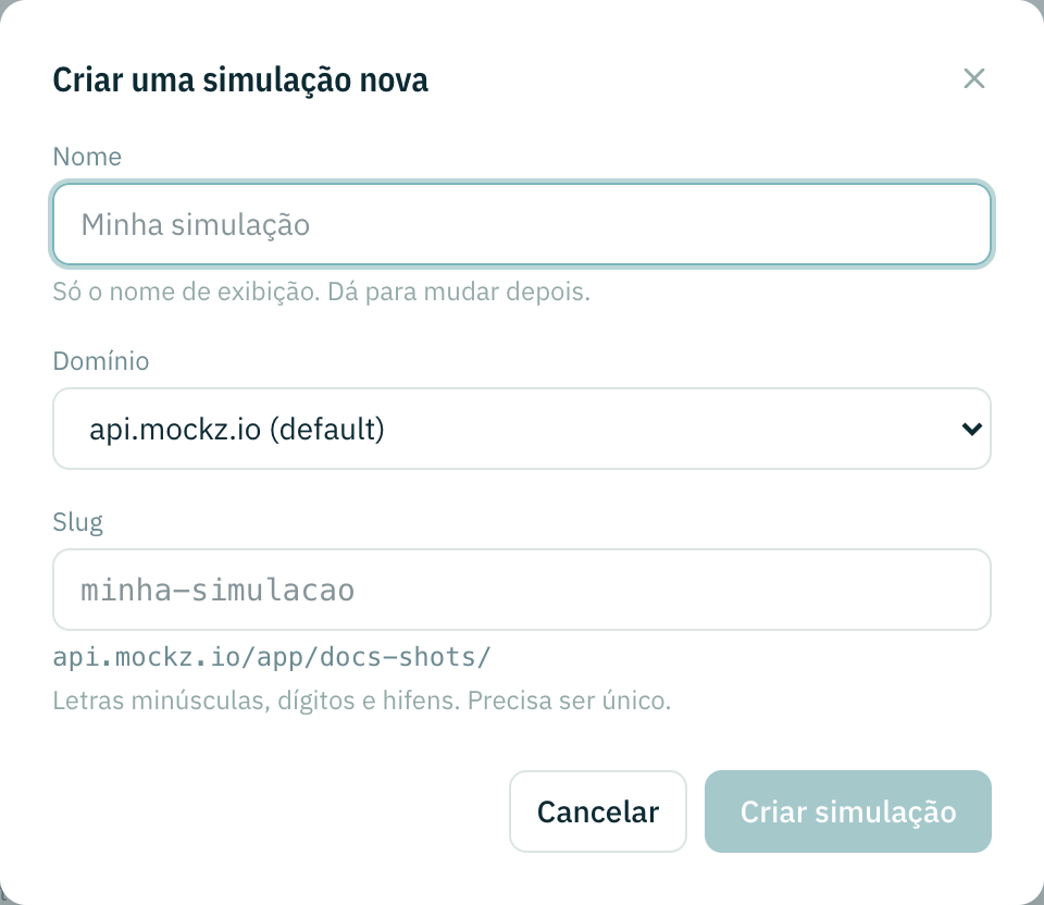 O diálogo Criar uma simulação nova com os campos de nome, domínio e slug