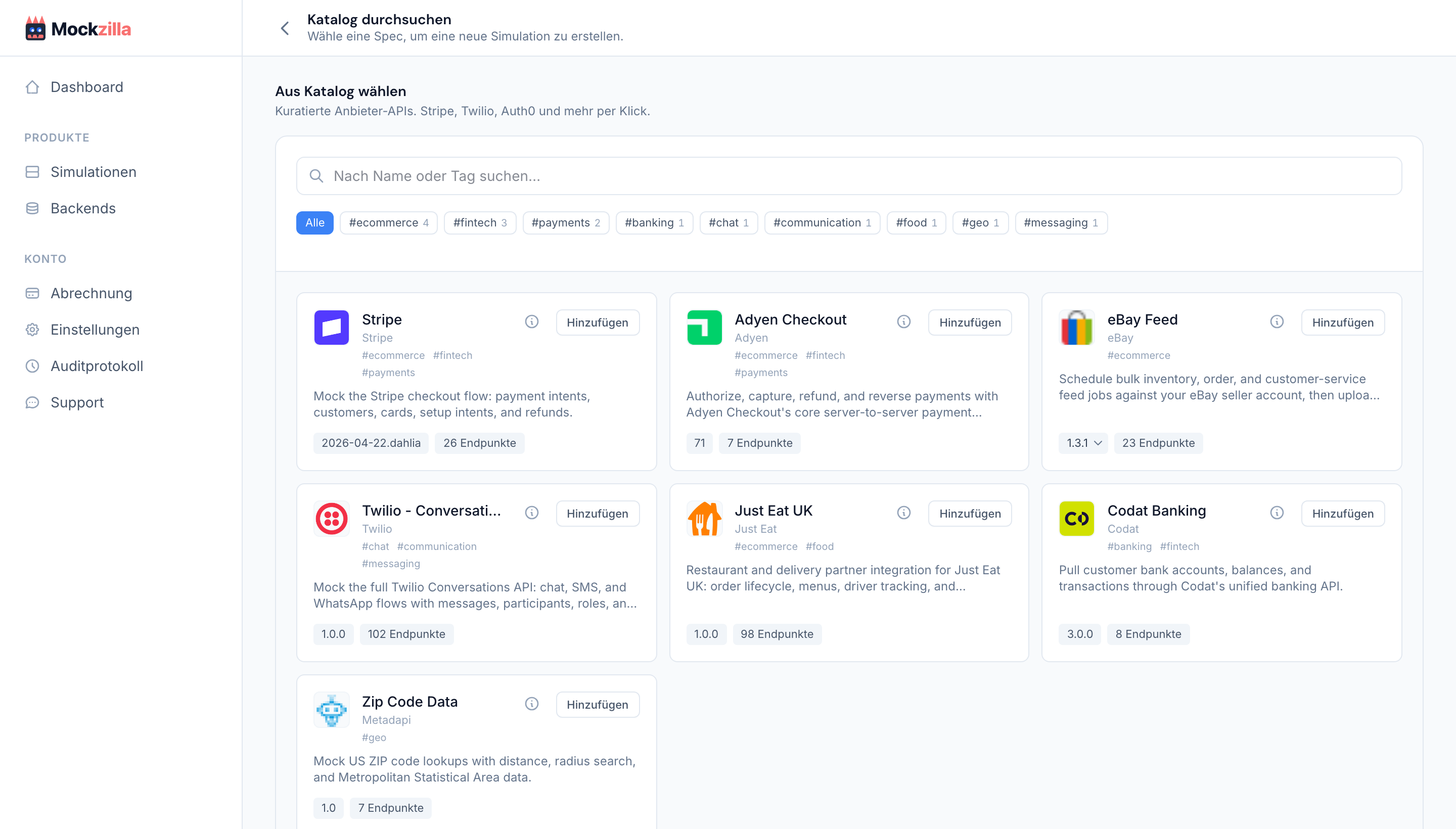 Die Katalogseite mit durchsuchbaren Anbieter-API-Karten