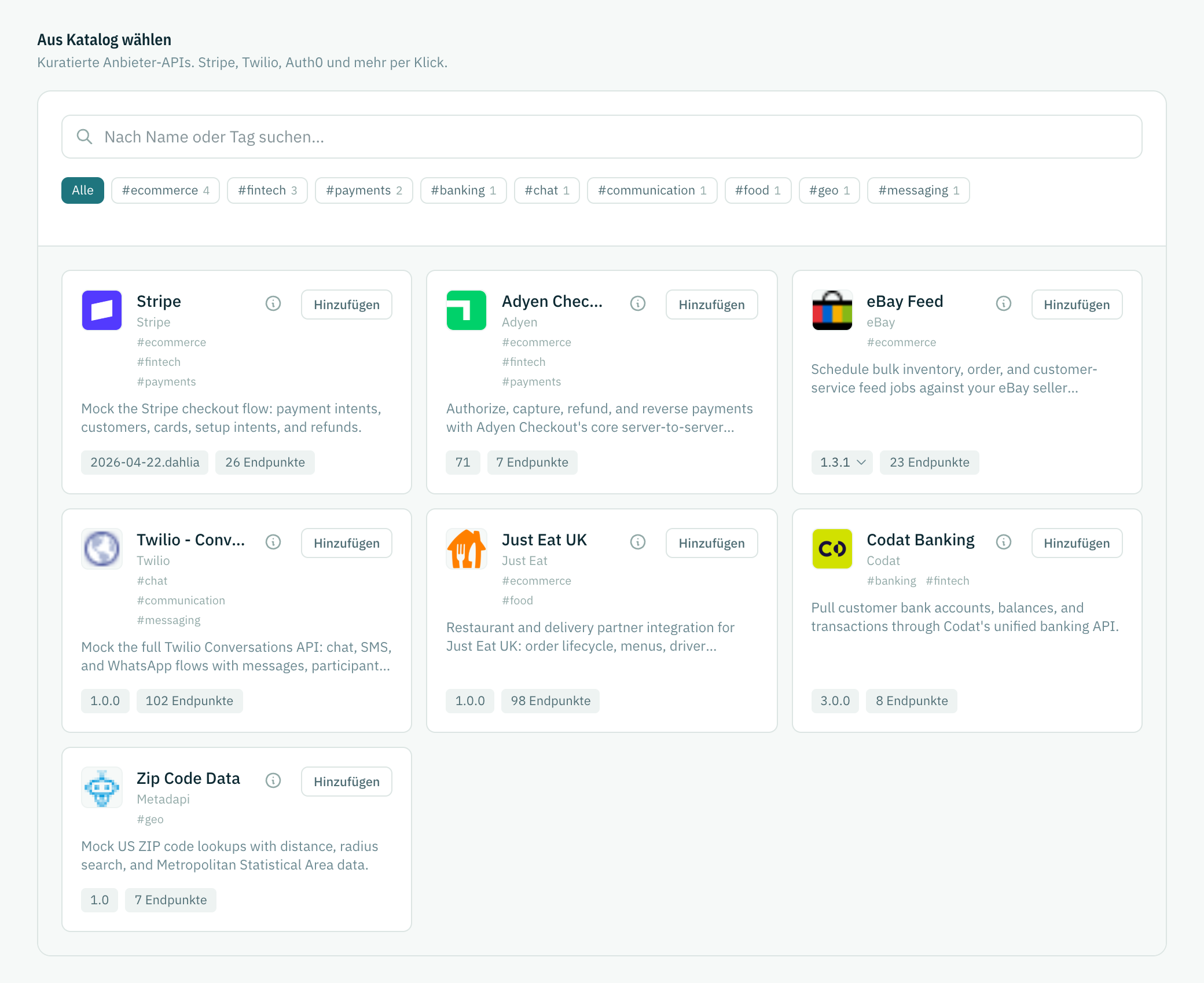 Die Katalogseite mit durchsuchbaren Karten für Anbieter-APIs