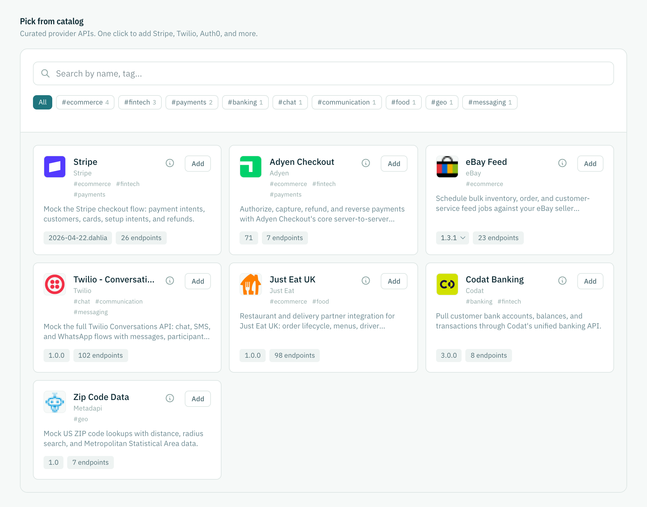 The catalog page with searchable provider API cards