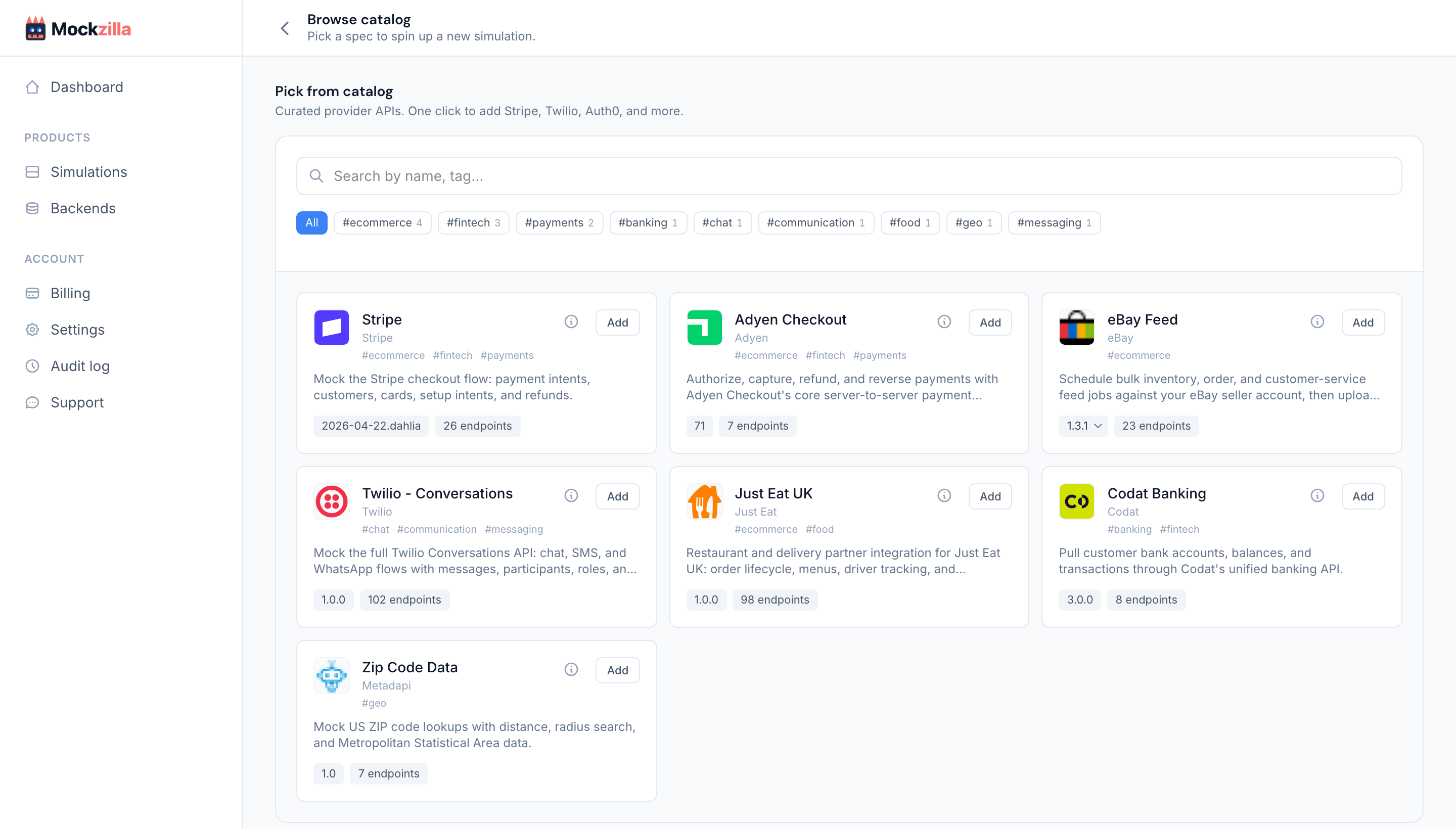 The catalog page with searchable provider API cards