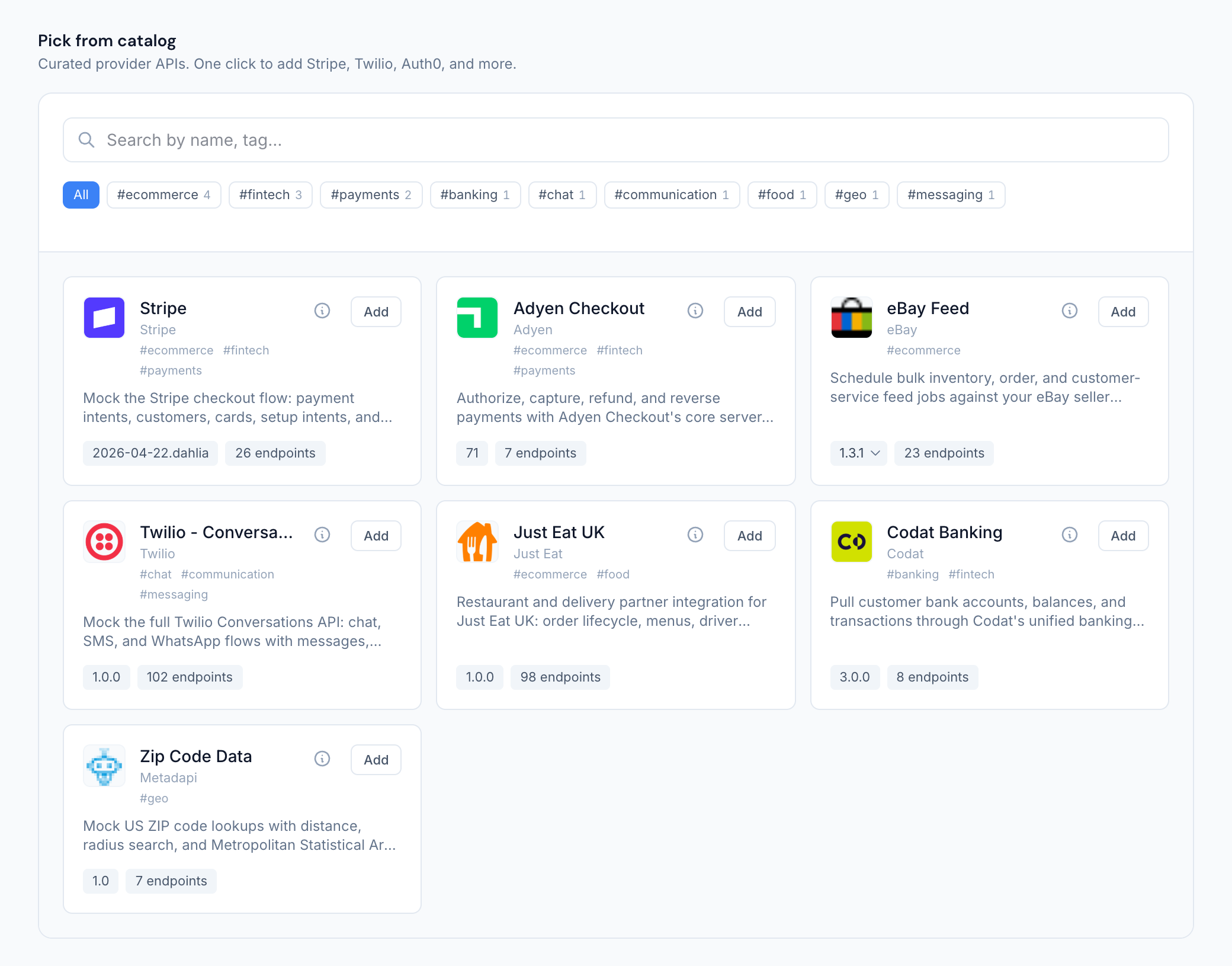 The catalog page with searchable provider API cards