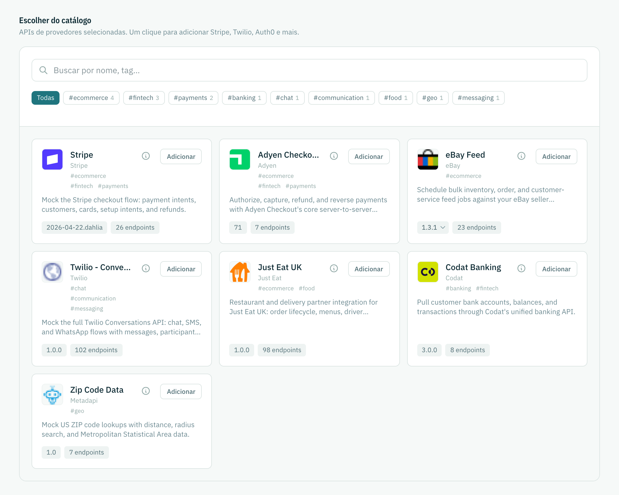 A página do catálogo com cards de APIs de provedores que dá para buscar