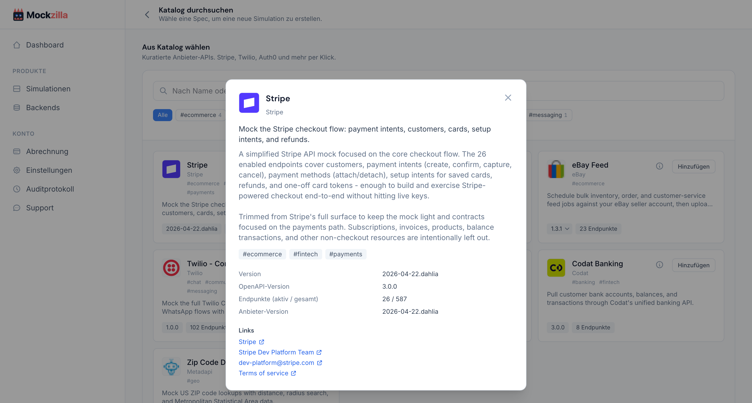 Der Spec-Info-Dialog mit Version, Endpunkten und Links