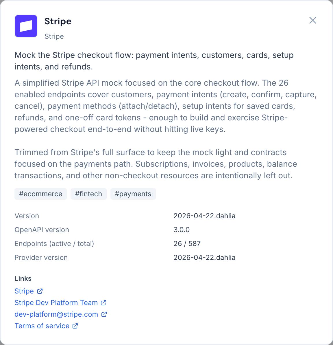 The spec details dialog with version, endpoints and links
