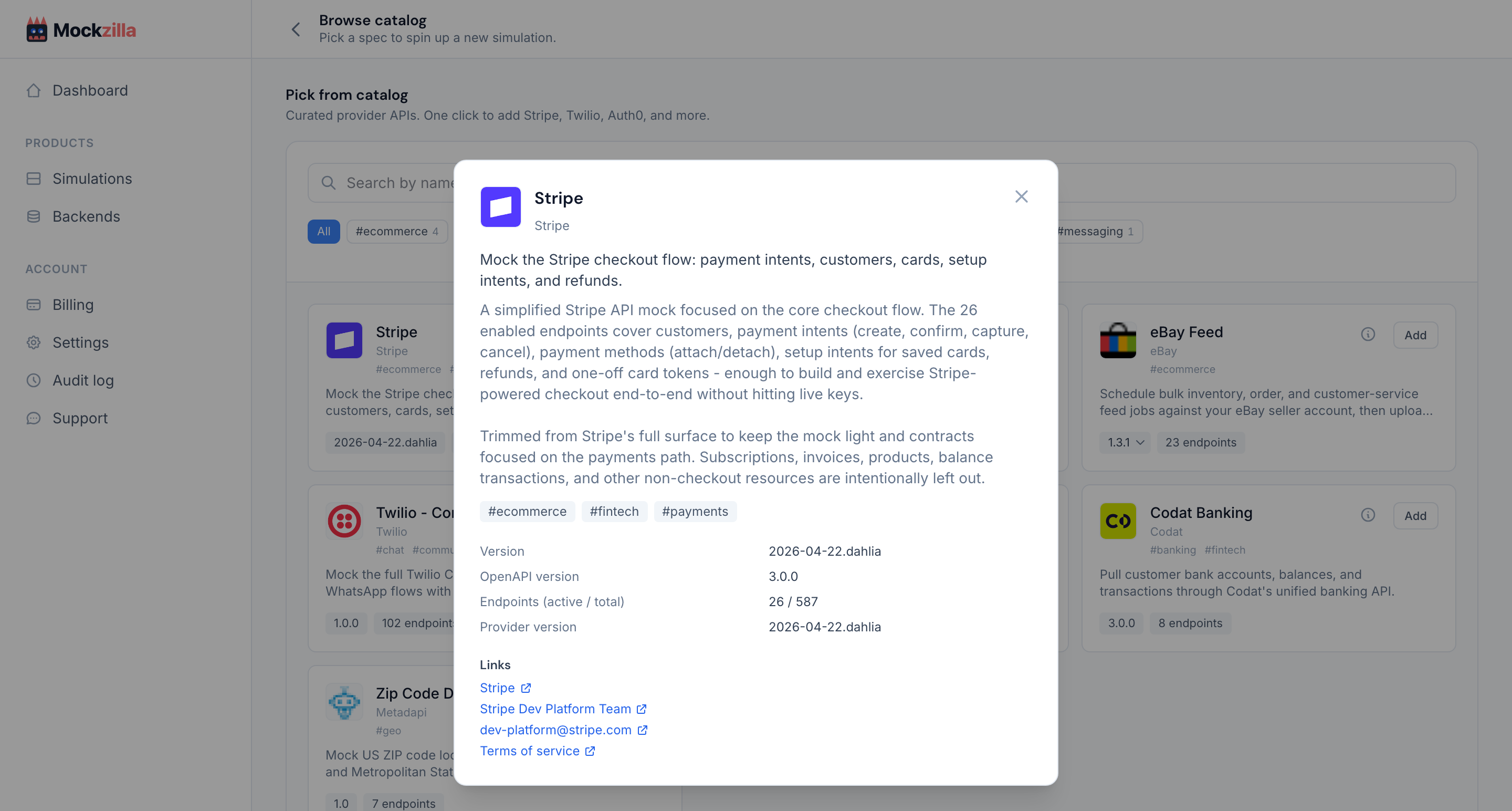 The spec details dialog with version, endpoints and links