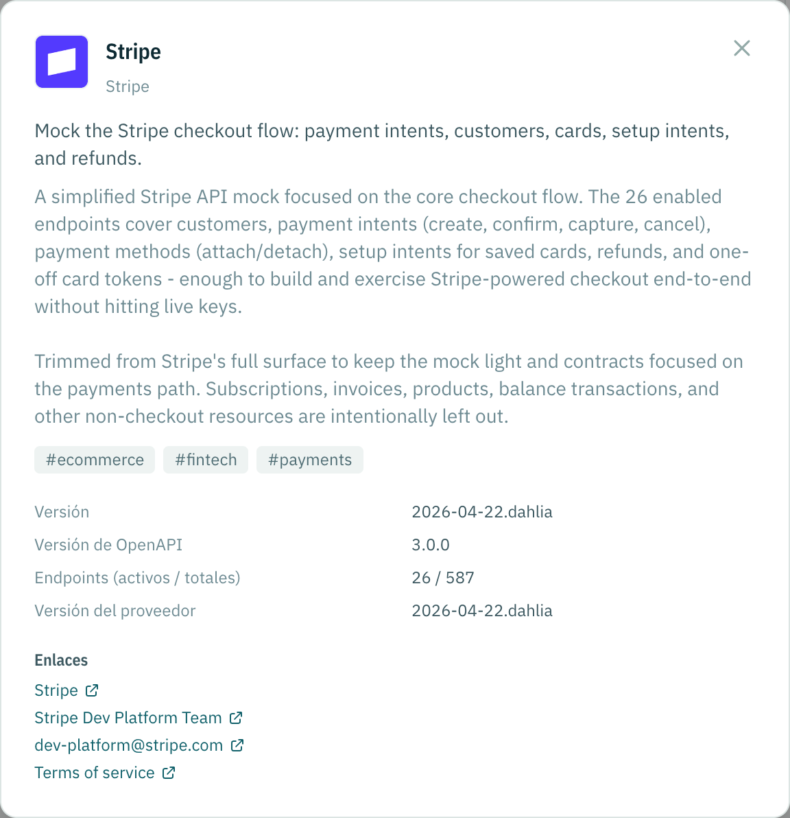 El diálogo de detalle de la spec con la versión, los endpoints y los enlaces