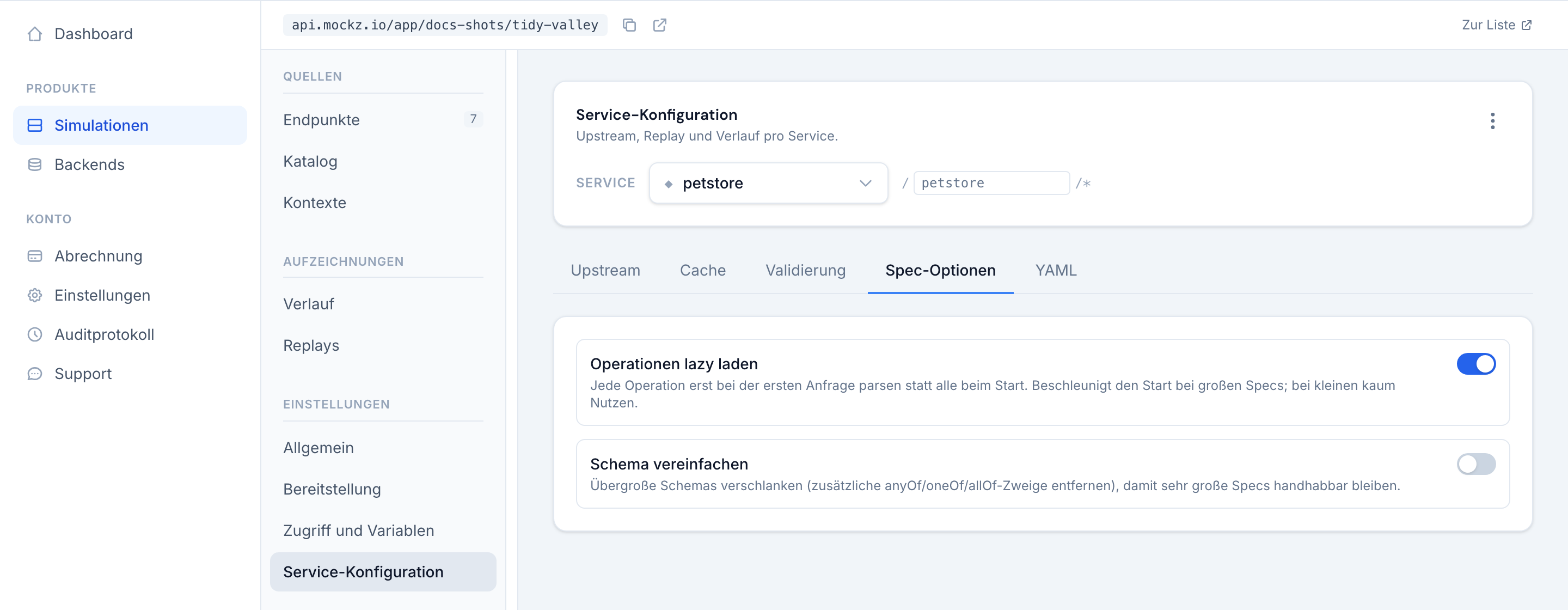 Der Tab Spec-Optionen mit Lazy-Load- und Schema-vereinfachen-Schaltern