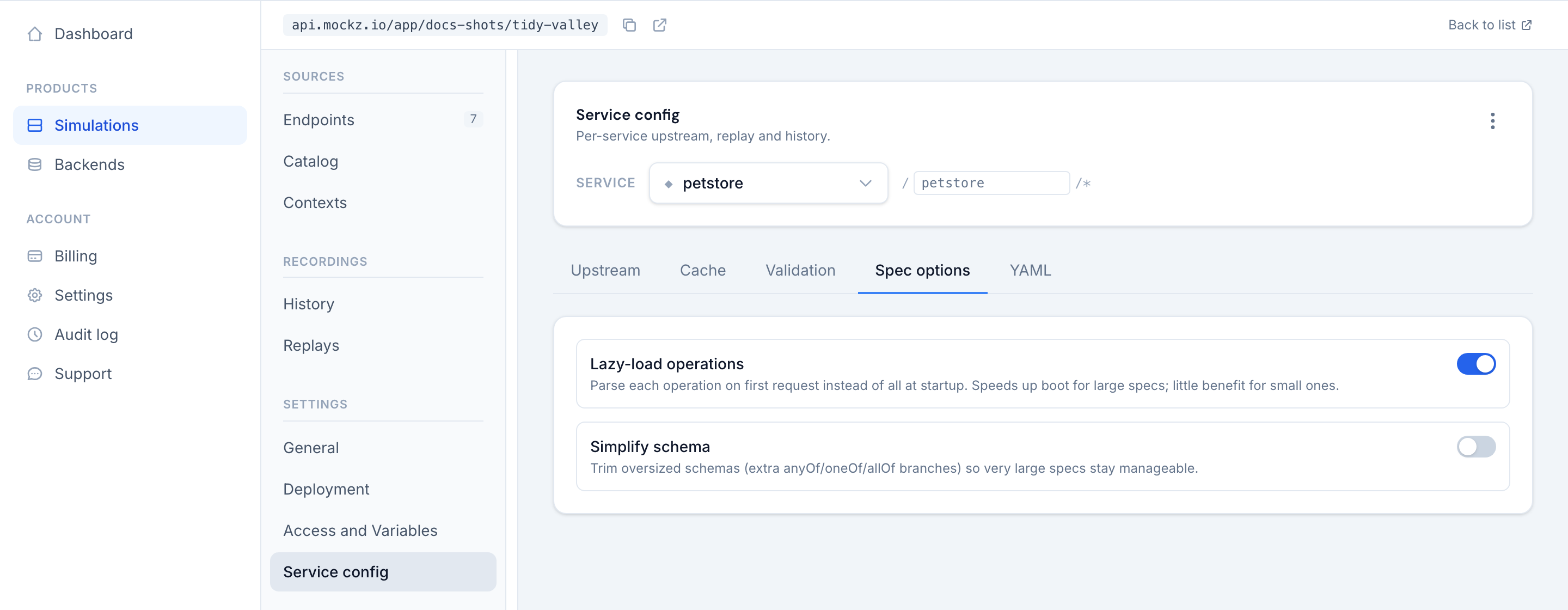 The Spec options tab with lazy-load and simplify schema toggles
