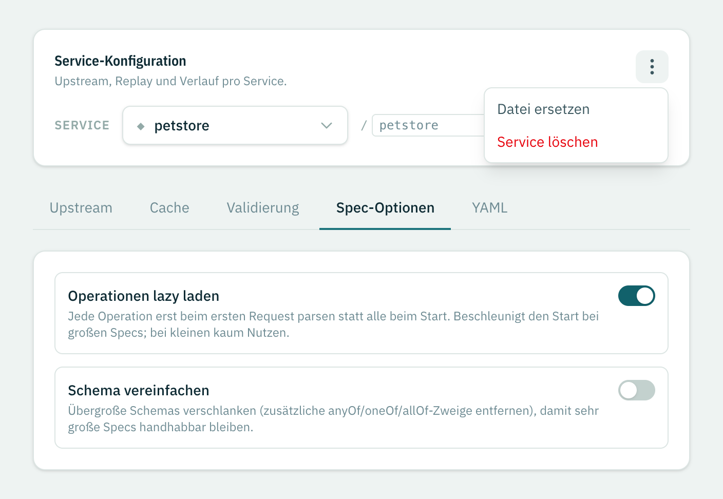 Das Service-Menü in der Service-Konfiguration mit der Aktion Datei ersetzen