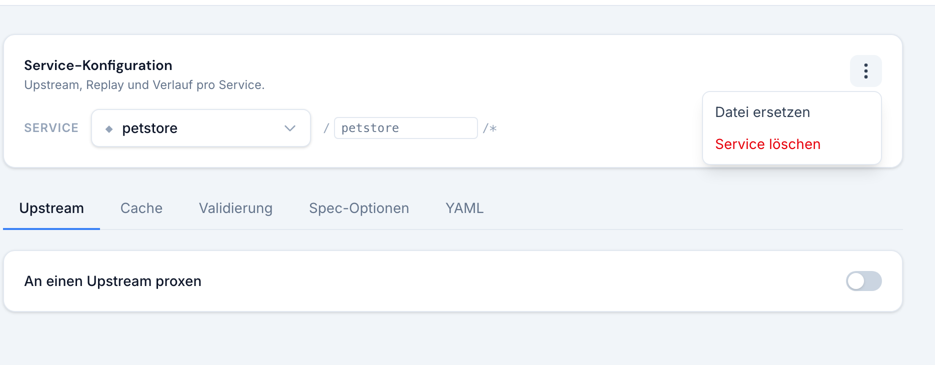 Das geöffnete Service-Menü in der Service-Konfiguration mit der Aktion Datei ersetzen