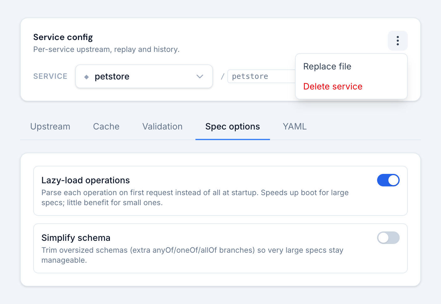 The service menu open in Service config with the Replace file action