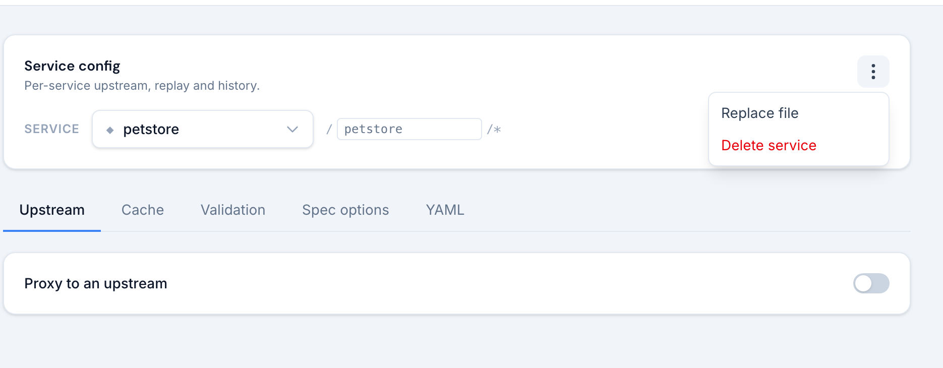 The service menu open in Service config with the Replace file action
