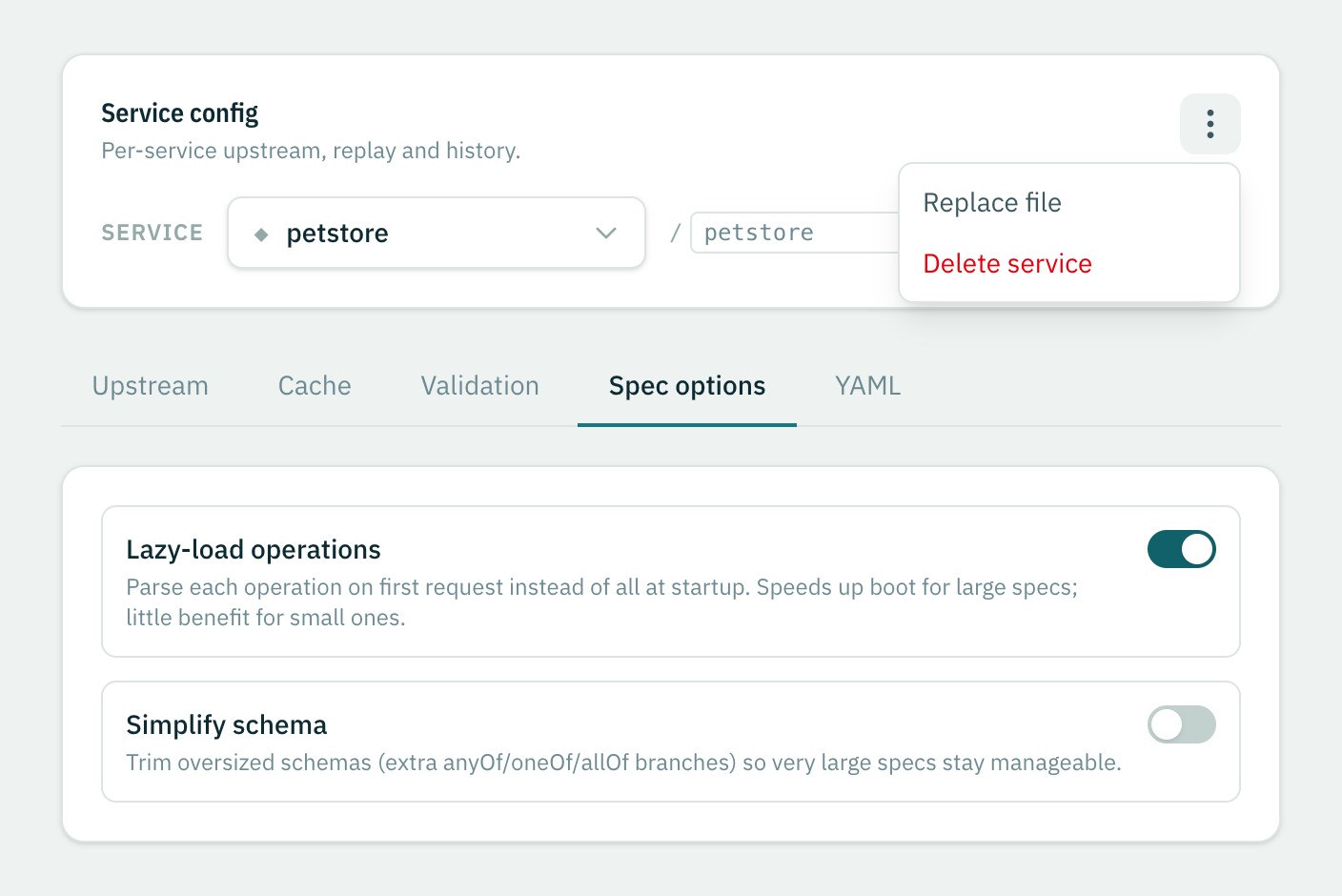 The service menu open in Service config with the Replace file action