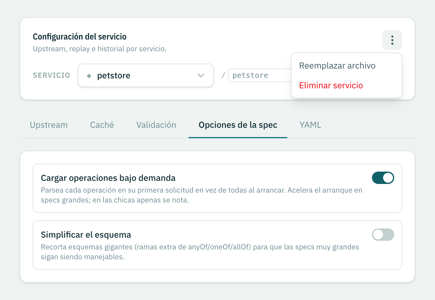 El menú del servicio abierto en Configuración del servicio con la acción Reemplazar archivo