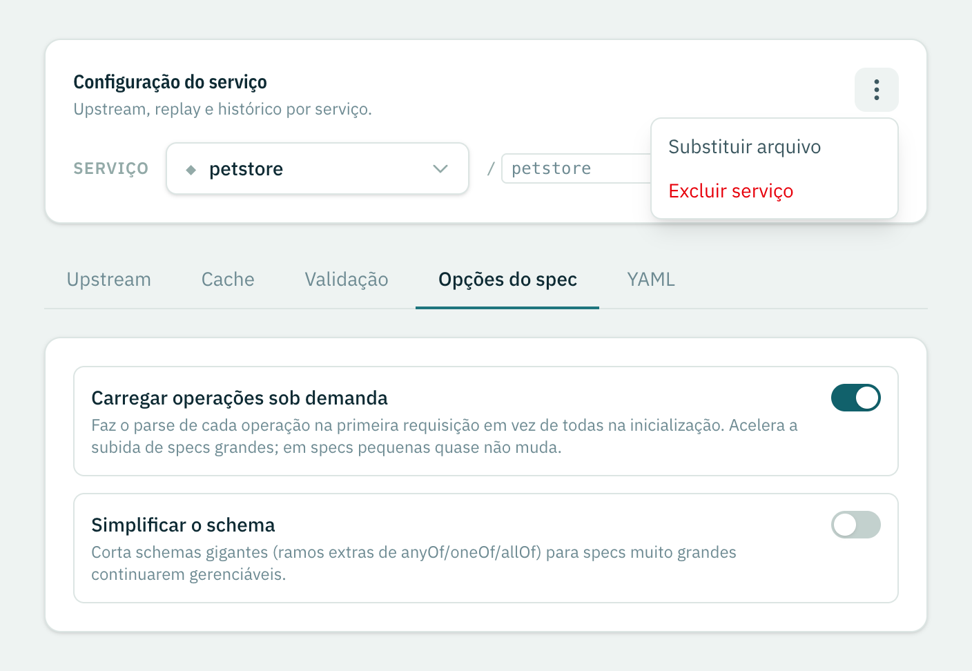 O menu do serviço aberto em Configuração do serviço com a ação Substituir arquivo