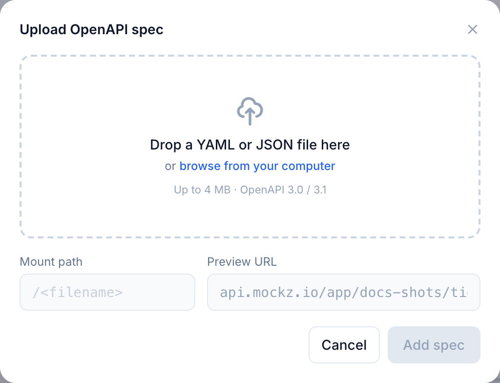The Upload OpenAPI spec dialog with drop zone, size limit and mount path