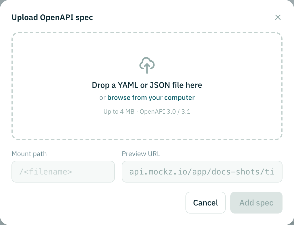 The Upload OpenAPI spec dialog with drop zone, size limit and mount path