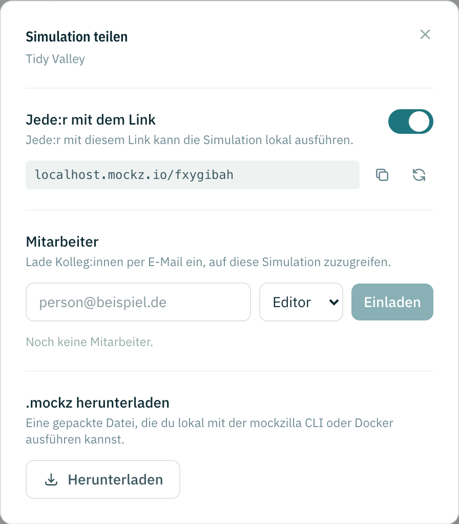 Der Dialog Simulation teilen mit eingeschaltetem Link-Teilen, Mitarbeitern und dem .mockz-Download