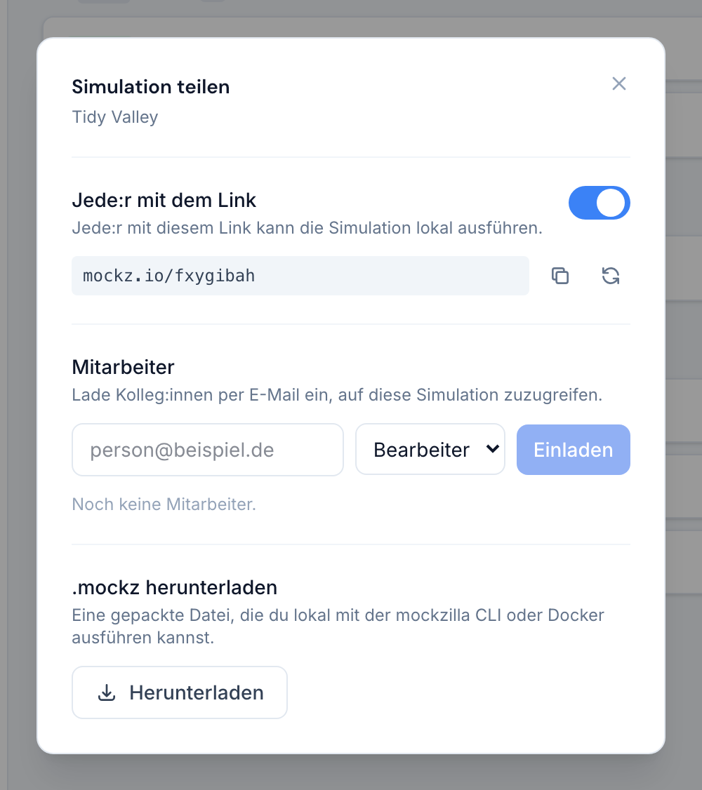 Der Dialog Simulation teilen mit aktivem Link-Teilen, Mitwirkenden und dem .mockz-Download