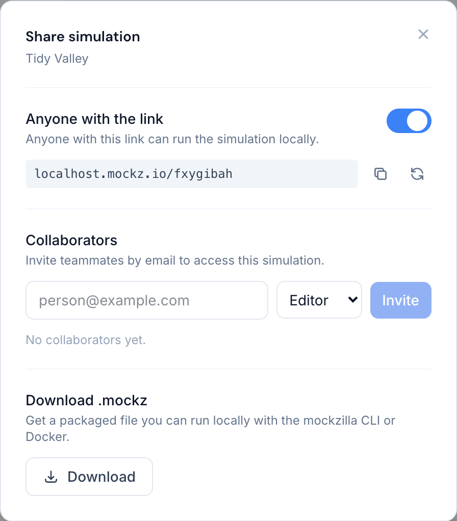 The Share simulation dialog with link sharing on, collaborators and the .mockz download