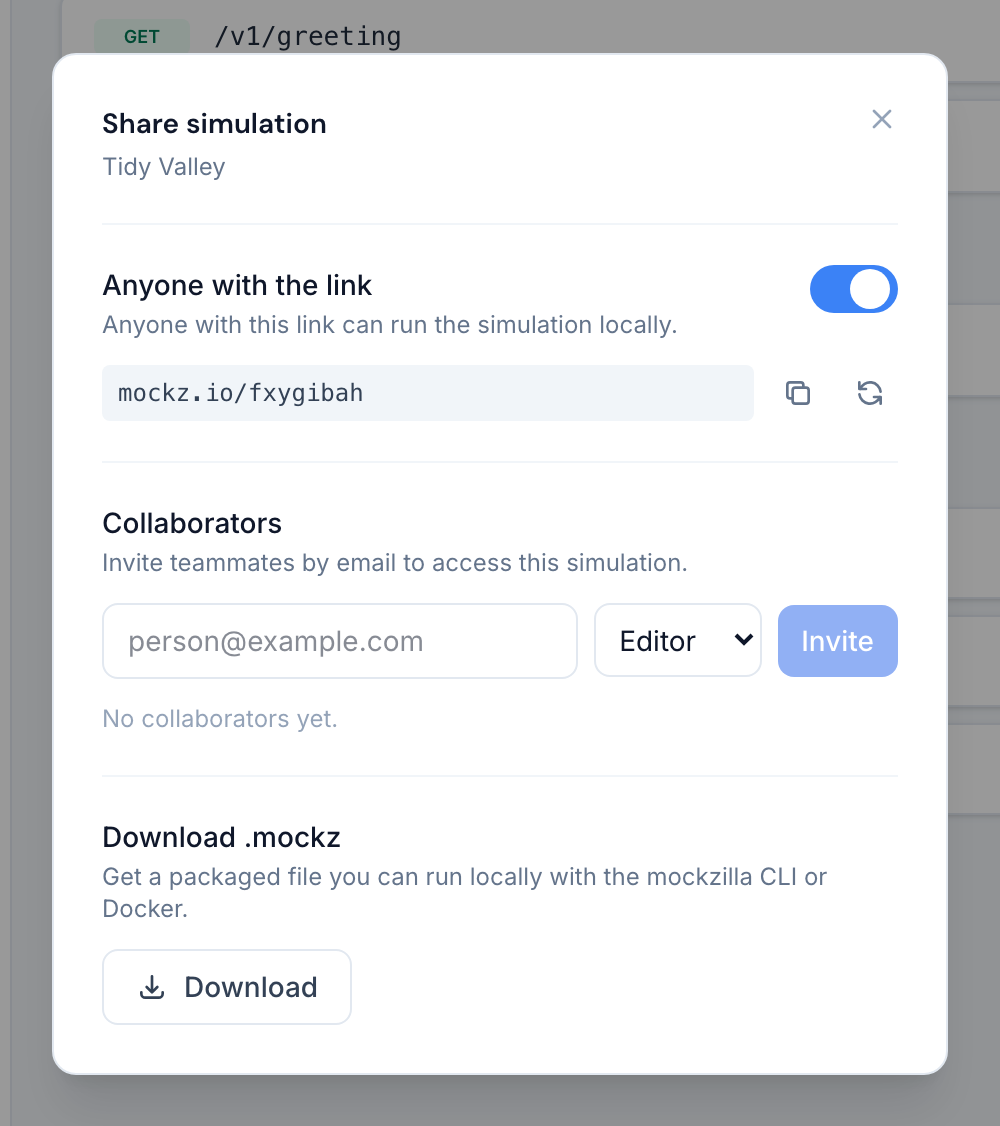 The Share simulation dialog with link sharing on, collaborators and the .mockz download