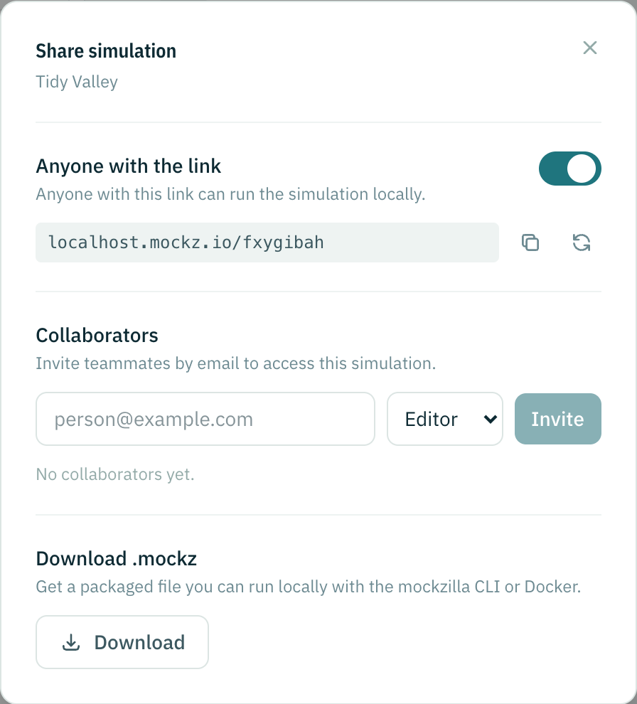 The Share simulation dialog with link sharing on, collaborators and the .mockz download
