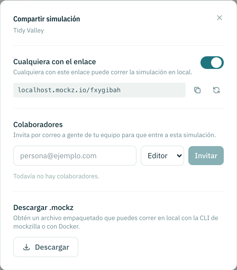 El diálogo Compartir simulación con el enlace activado, los colaboradores y la descarga del .mockz